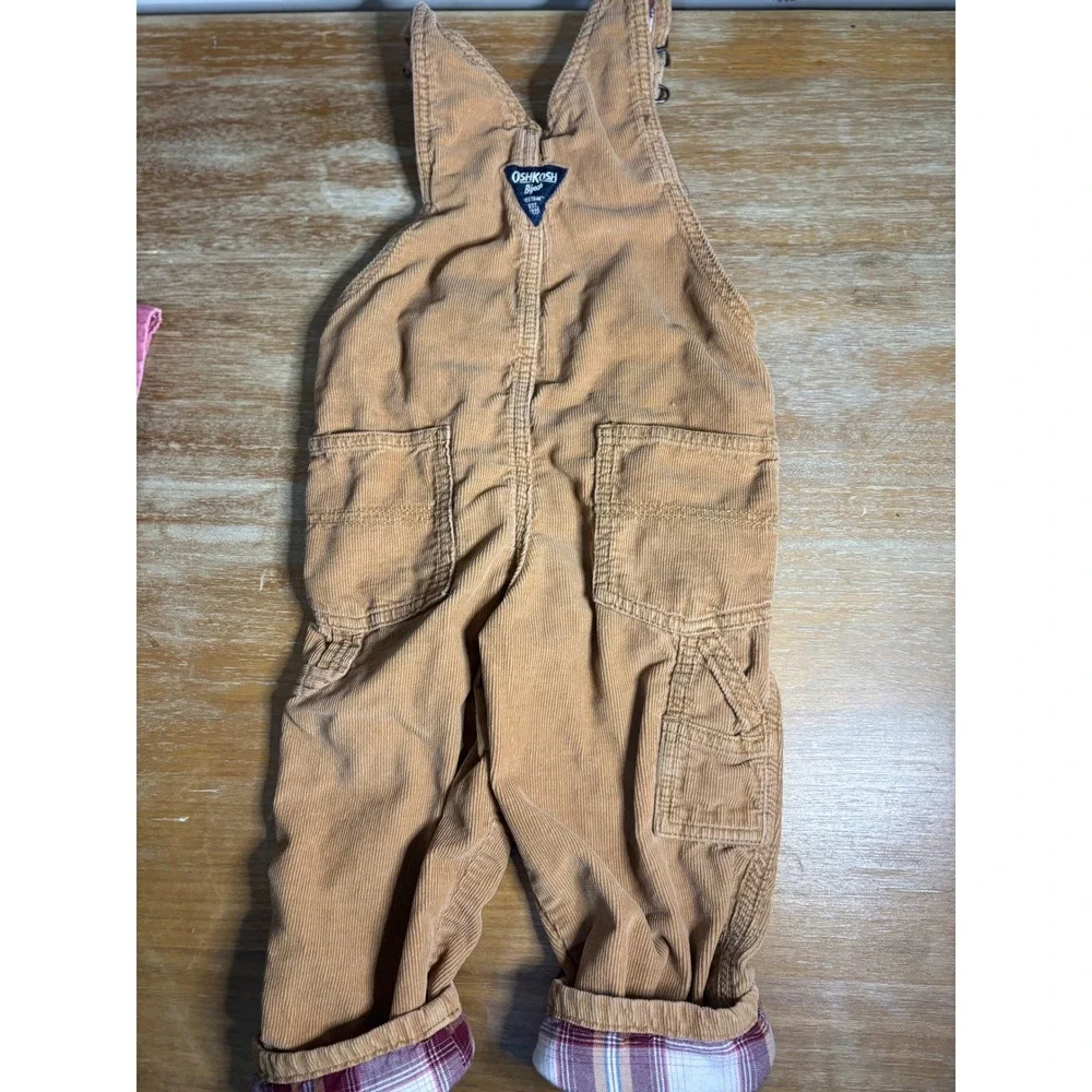 OshKosh Bgosh Tan‎ Corduroy Plaid Lined Overalls Toddler 3T GCL12739-SSI